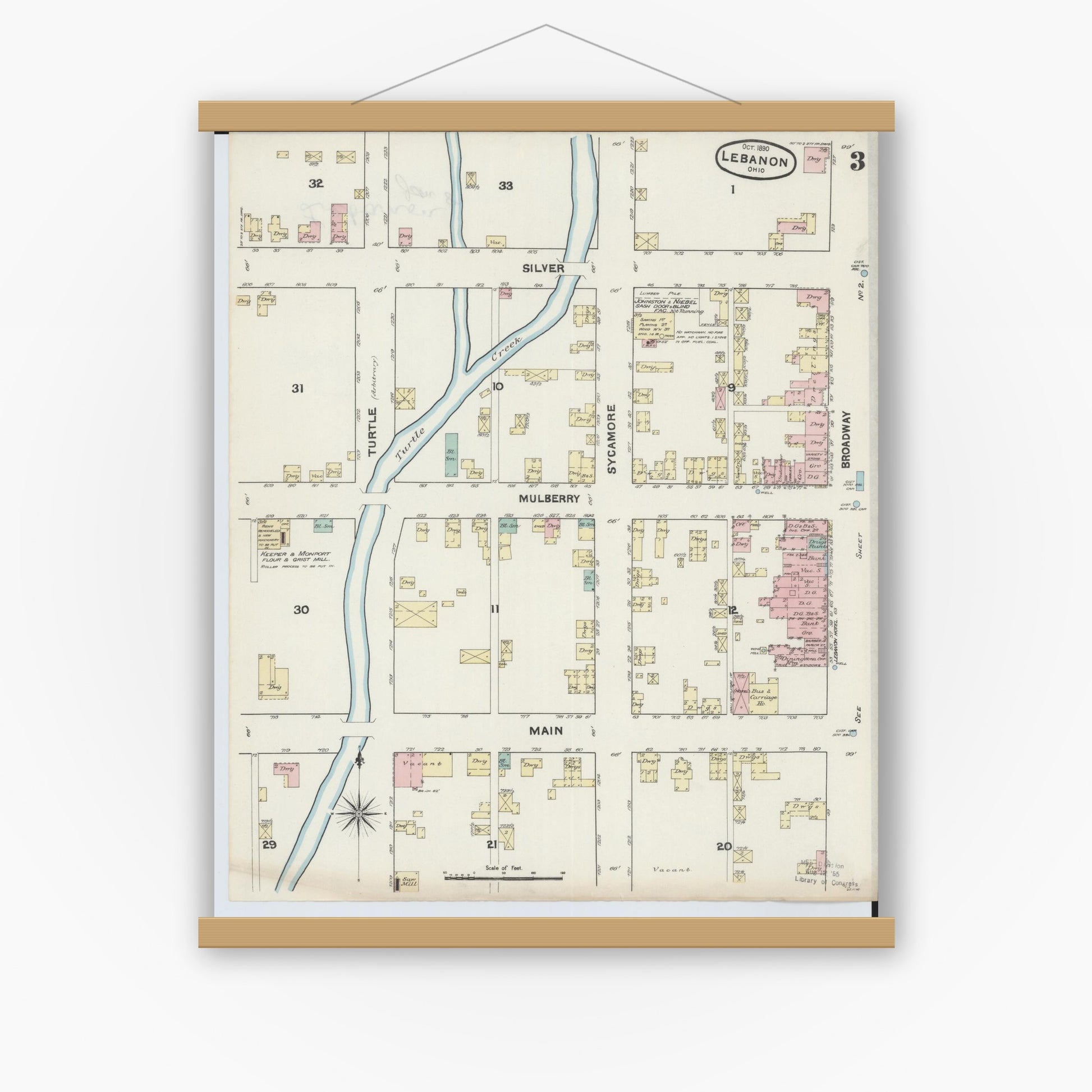 Old map wall art mockup — magnetic wood frame on white wall — Sanborn Fire Insurance Map from Lebanon, Warren County, Ohio (1890), Sheet #0003