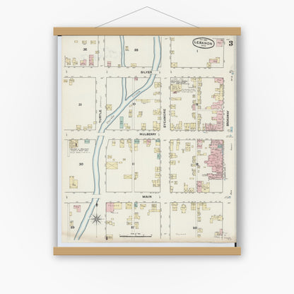 Old map wall art mockup — magnetic wood frame on white wall — Sanborn Fire Insurance Map from Lebanon, Warren County, Ohio (1890), Sheet #0003