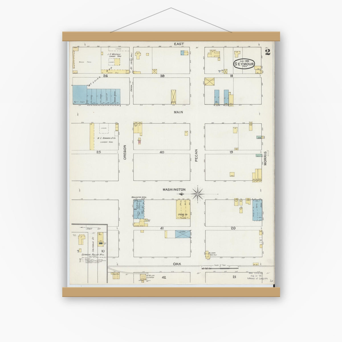 Old map wall art mockup — magnetic wood frame on white wall — Sanborn Fire Insurance Map from Seymour, Baylor County, Texas (1892), Sheet #0002