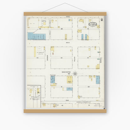 Old map wall art mockup — magnetic wood frame on white wall — Sanborn Fire Insurance Map from Seymour, Baylor County, Texas (1892), Sheet #0002