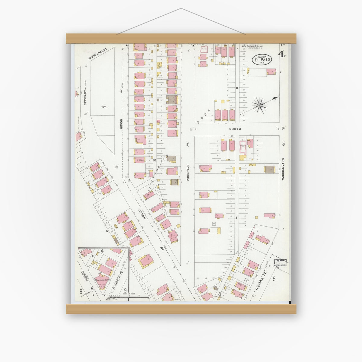 Old map wall art mockup — magnetic wood frame on white wall — Sanborn Fire Insurance Map from El Paso, El Paso County, Texas (1905), Sheet #0004