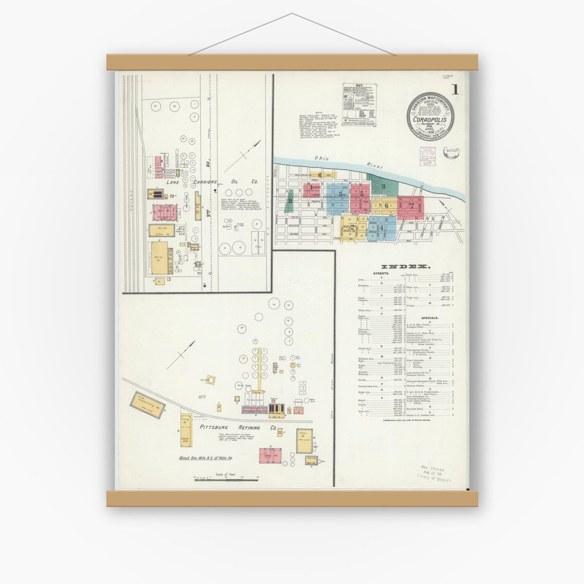 Old map wall art mockup — magnetic wood frame on white wall — Sanborn Fire Insurance Map from Coraopolis, Allegheny County, Pennsylvania (1902) - Complete Map Set