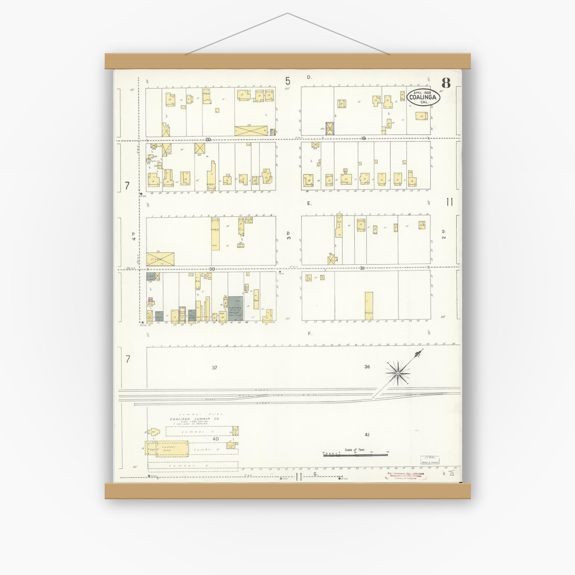 Old map wall art mockup — magnetic wood frame on white wall — Sanborn Fire Insurance Map from Coalinga, Fresno County, California (1909), Sheet #0008