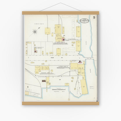 Old map wall art mockup — magnetic wood frame on white wall — Sanborn Fire Insurance Map from Elizabeth City, Pasquotank County, North Carolina (1896), Sheet #0005