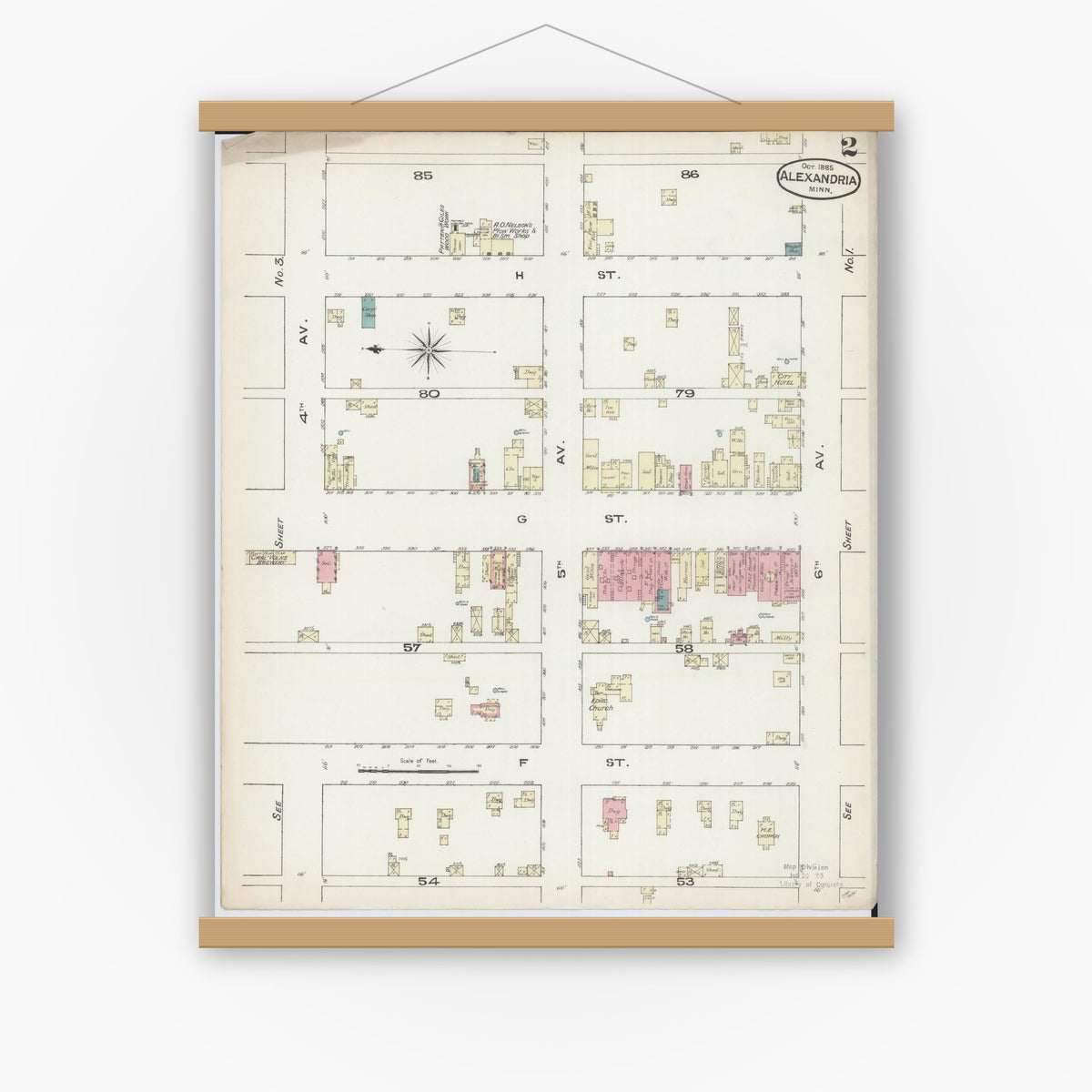 Old map wall art mockup — magnetic wood frame on white wall — Sanborn Fire Insurance Map from Alexandria, Douglas County, Minnesota (1885), Sheet #0002