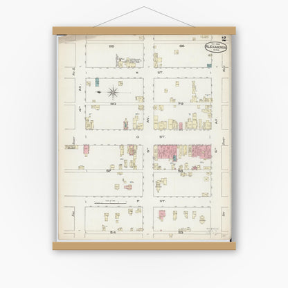 Old map wall art mockup — magnetic wood frame on white wall — Sanborn Fire Insurance Map from Alexandria, Douglas County, Minnesota (1885), Sheet #0002