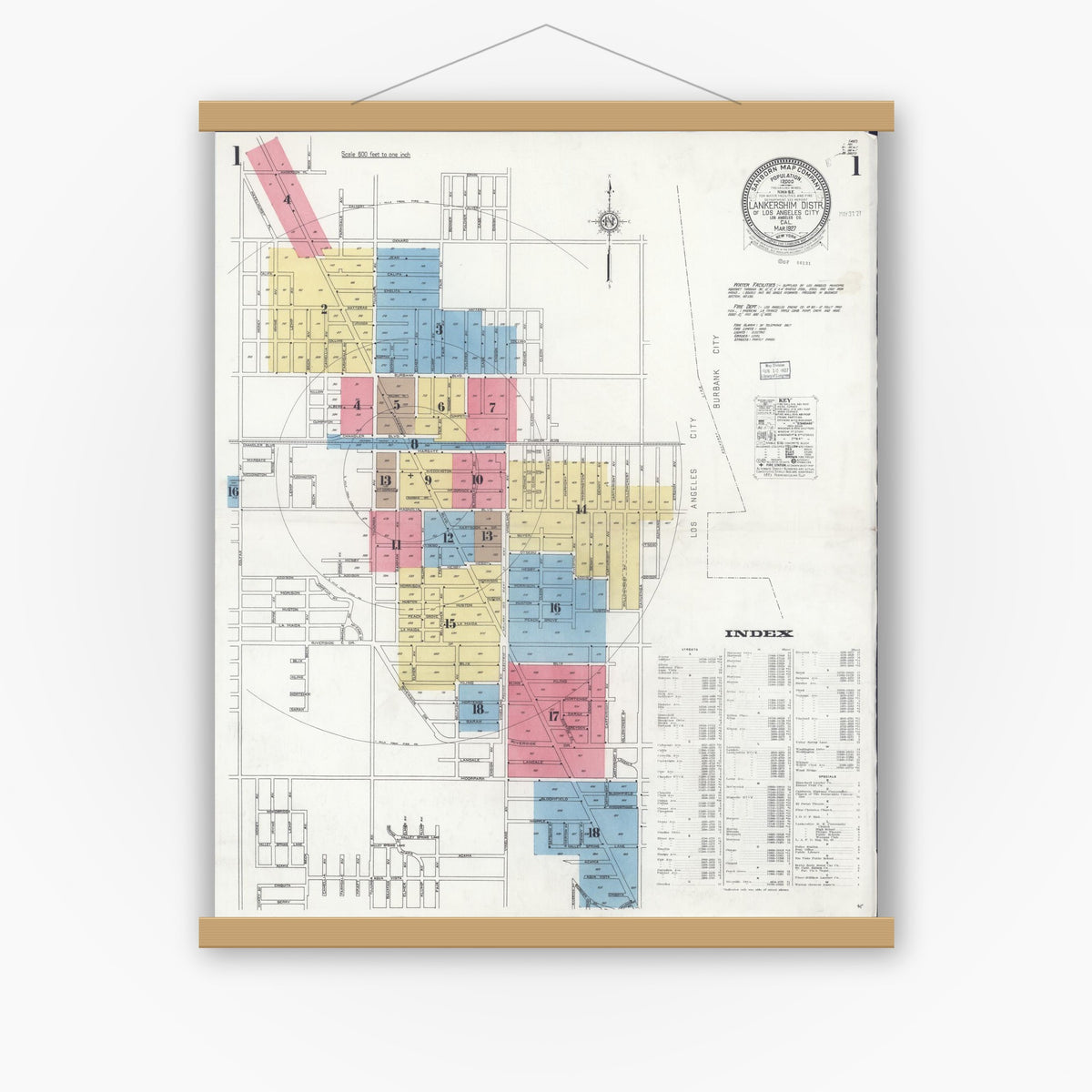 Old map wall art mockup — magnetic wood frame on white wall — Sanborn Fire Insurance Map from Lankershim, Los Angeles County, California (1927) - Complete Map Set