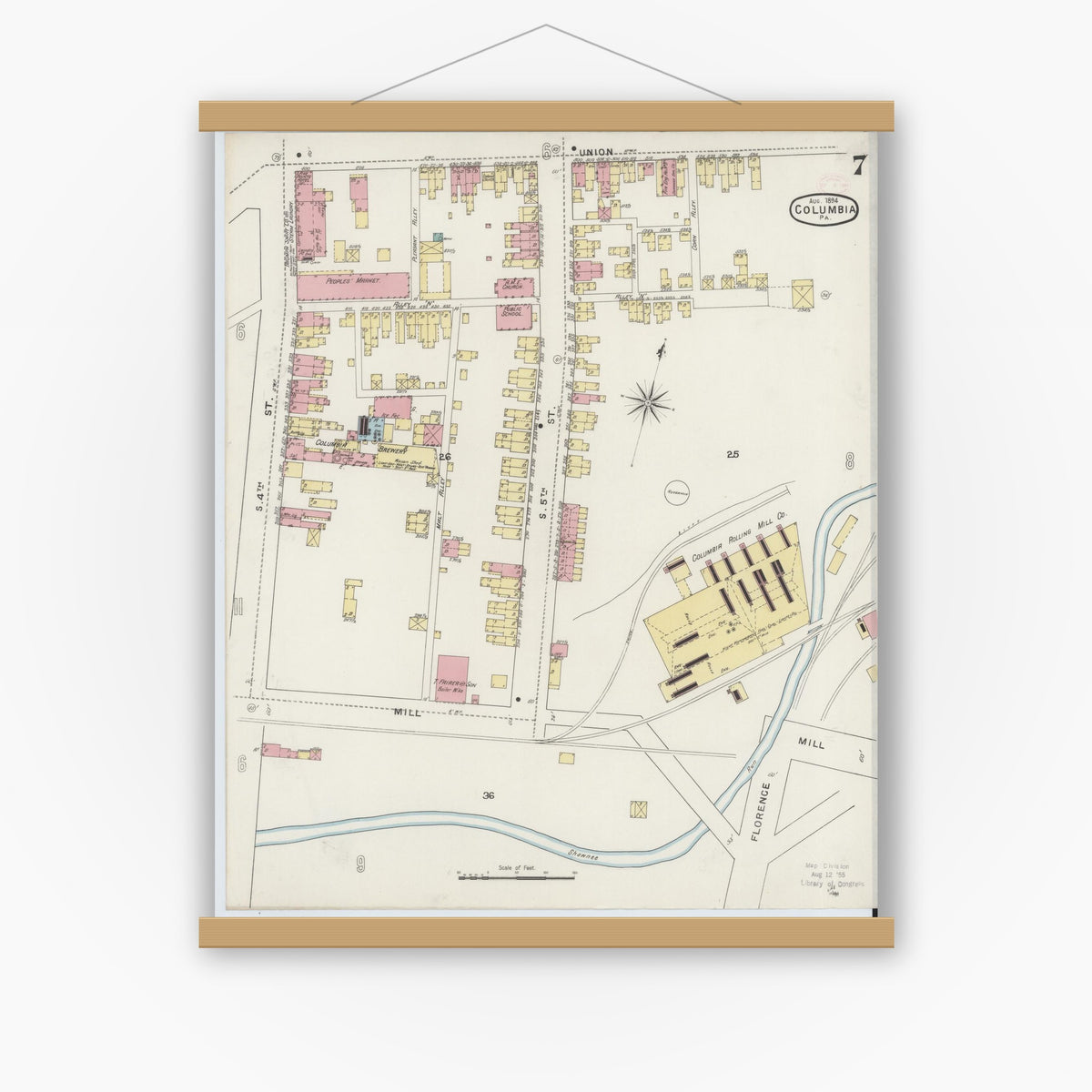Old map wall art mockup — magnetic wood frame on white wall — Sanborn Fire Insurance Map from Columbia, Lancaster County, Pennsylvania (1894), Sheet #0007