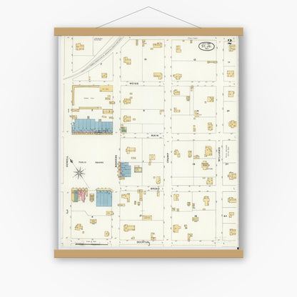 Old map wall art mockup — magnetic wood frame on white wall — Sanborn Fire Insurance Map from Saint Jo, Montague County, Texas (1908), Sheet #0002