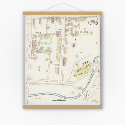 Old map wall art mockup — magnetic wood frame on white wall — Sanborn Fire Insurance Map from Columbia, Lancaster County, Pennsylvania (1886), Sheet #0007