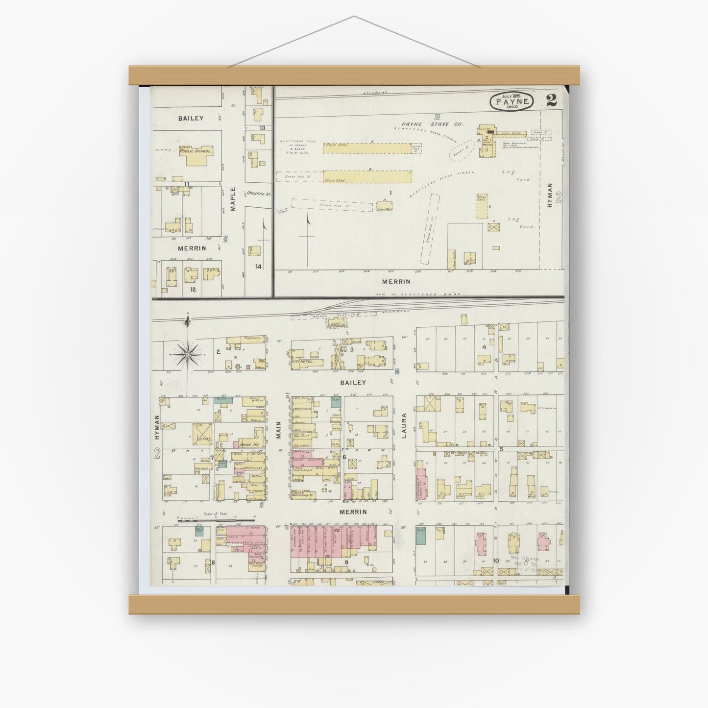 Old map wall art mockup — magnetic wood frame on white wall — Sanborn Fire Insurance Map from Payne, Paulding County, Ohio (1895), Sheet #0002