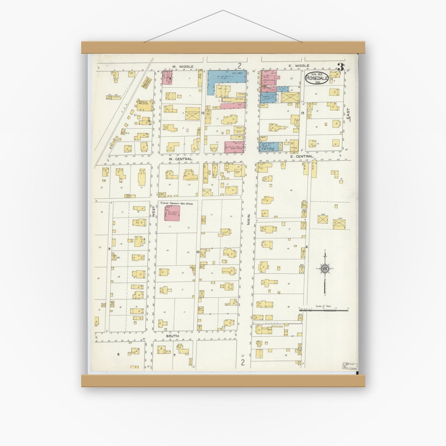 Old map wall art mockup — magnetic wood frame on white wall — Sanborn Fire Insurance Map from Rosedale, Parke County, Indiana (1913), Sheet #0003
