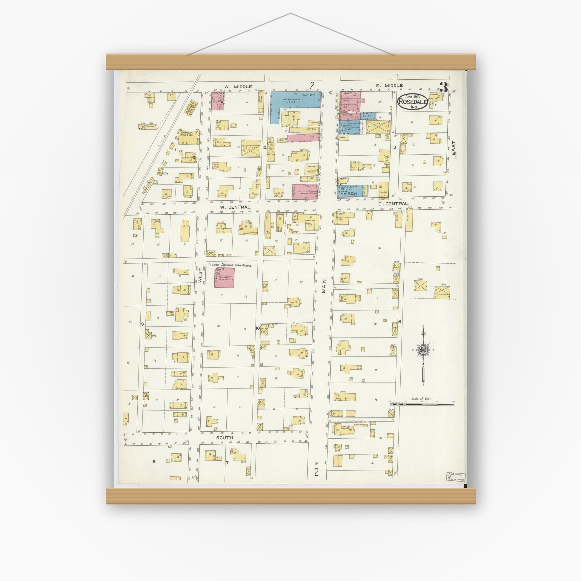 Old map wall art mockup — magnetic wood frame on white wall — Sanborn Fire Insurance Map from Rosedale, Parke County, Indiana (1913), Sheet #0003