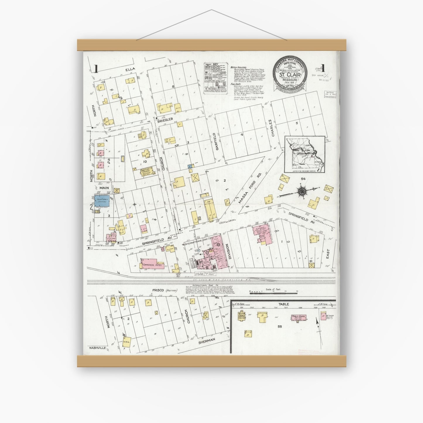 Old map wall art mockup — magnetic wood frame on white wall — Sanborn Fire Insurance Map from Saint Clair, Franklin County, Missouri (1924) - Complete Map Set