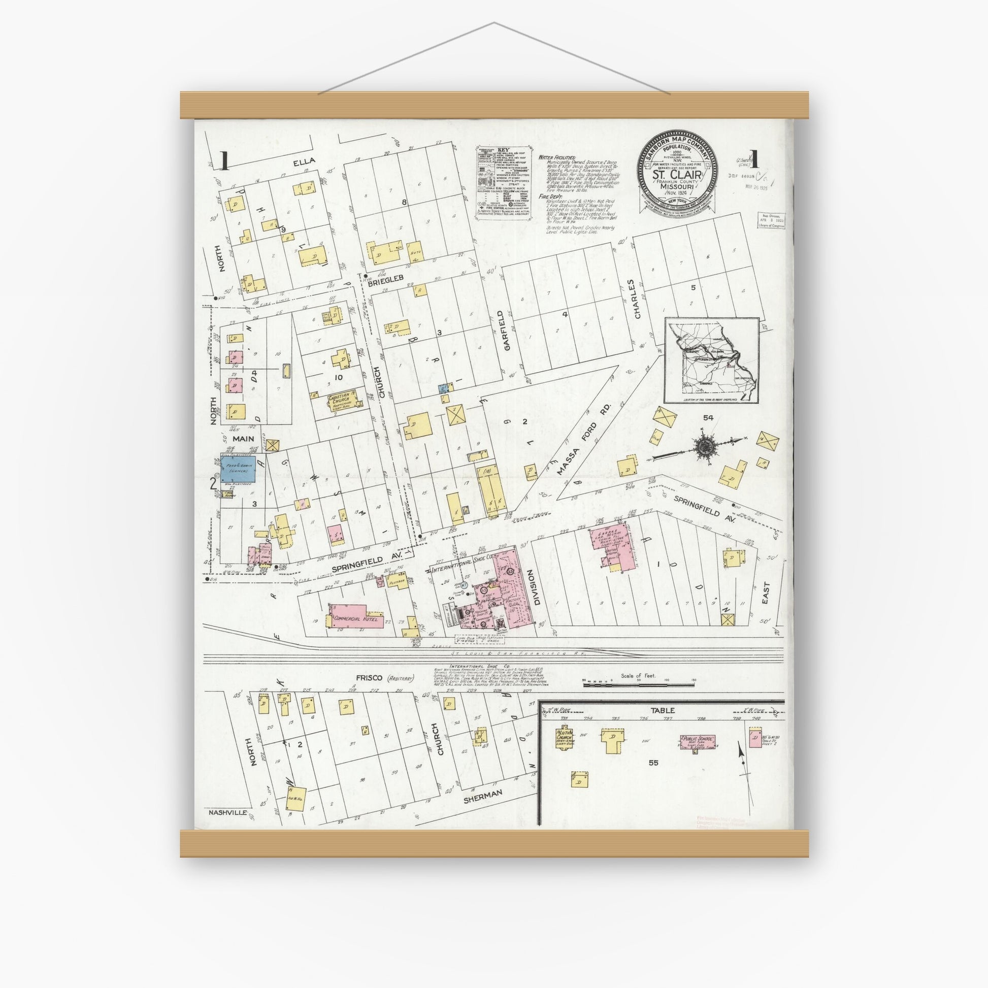 Old map wall art mockup — magnetic wood frame on white wall — Sanborn Fire Insurance Map from Saint Clair, Franklin County, Missouri (1924) - Complete Map Set