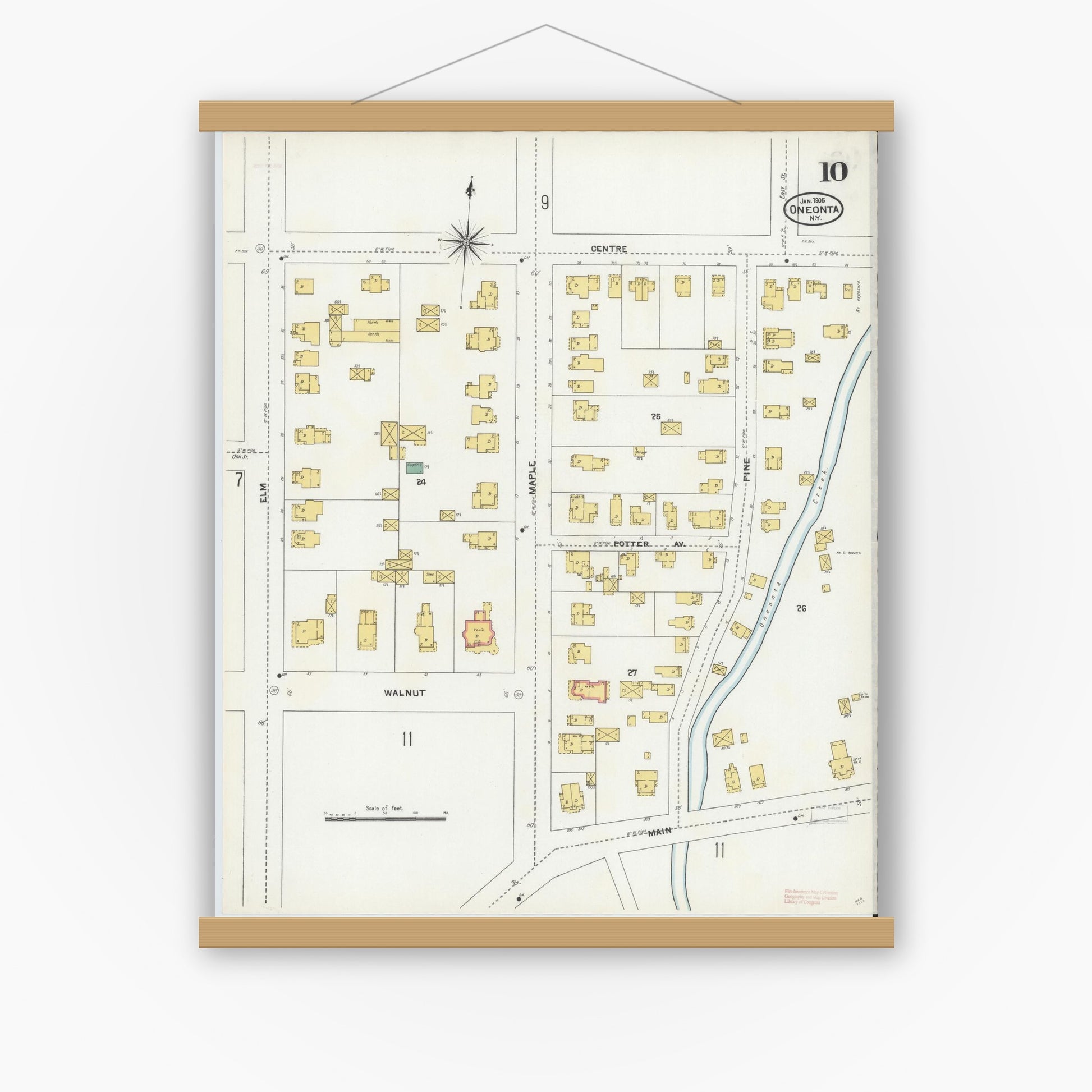 Old map wall art mockup — magnetic wood frame on white wall — Sanborn Fire Insurance Map from Oneonta, Otsego County, New York (1905), Sheet #0010