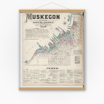 Old map wall art mockup — magnetic wood frame on white wall — Sanborn Fire Insurance Map from Muskegon, Muskegon County, Michigan (1883) - Complete Map Set
