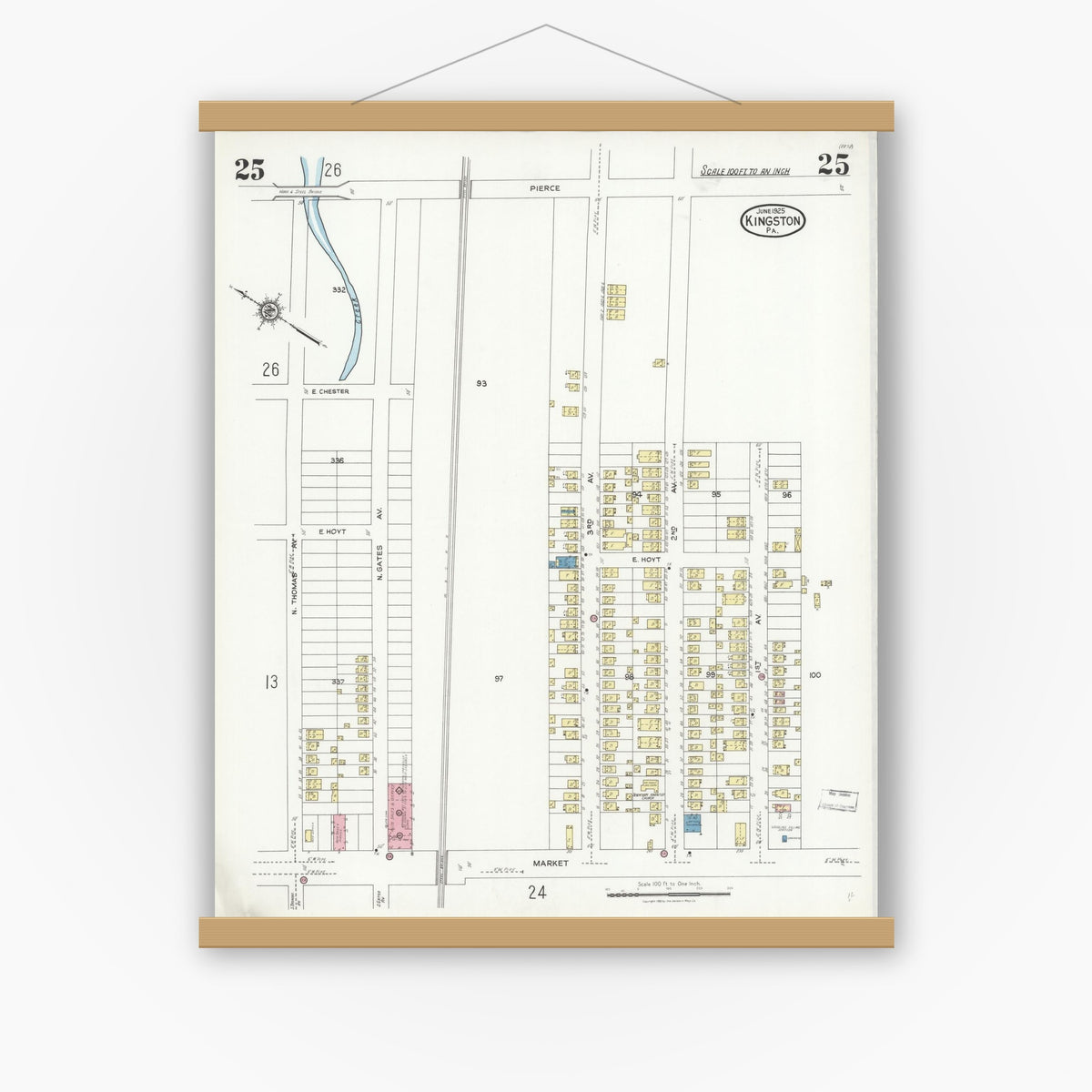 Old map wall art mockup — magnetic wood frame on white wall — Sanborn Fire Insurance Map from Kingston, Luzerne County, Pennsylvania (1925), Sheet #0025