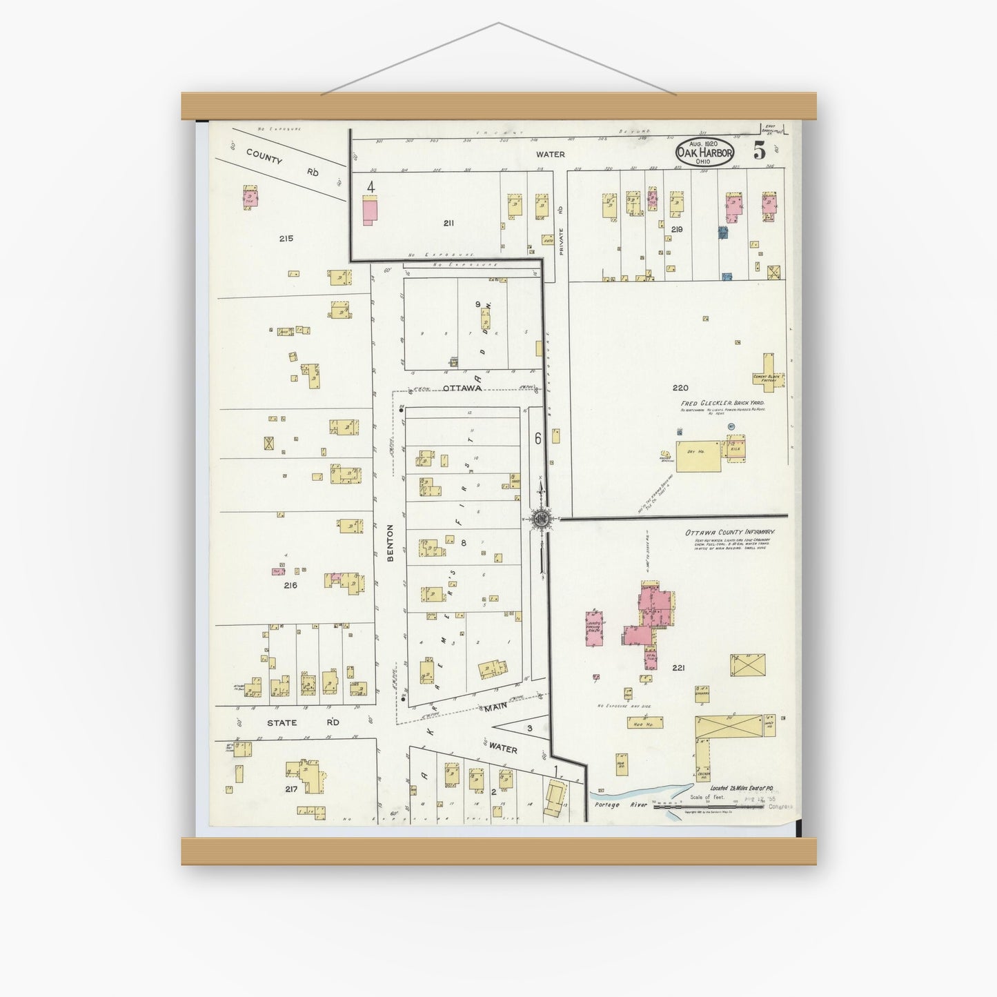 Old map wall art mockup — magnetic wood frame on white wall — Sanborn Fire Insurance Map from Oak Harbor, Ottawa County, Ohio (1920), Sheet #0005