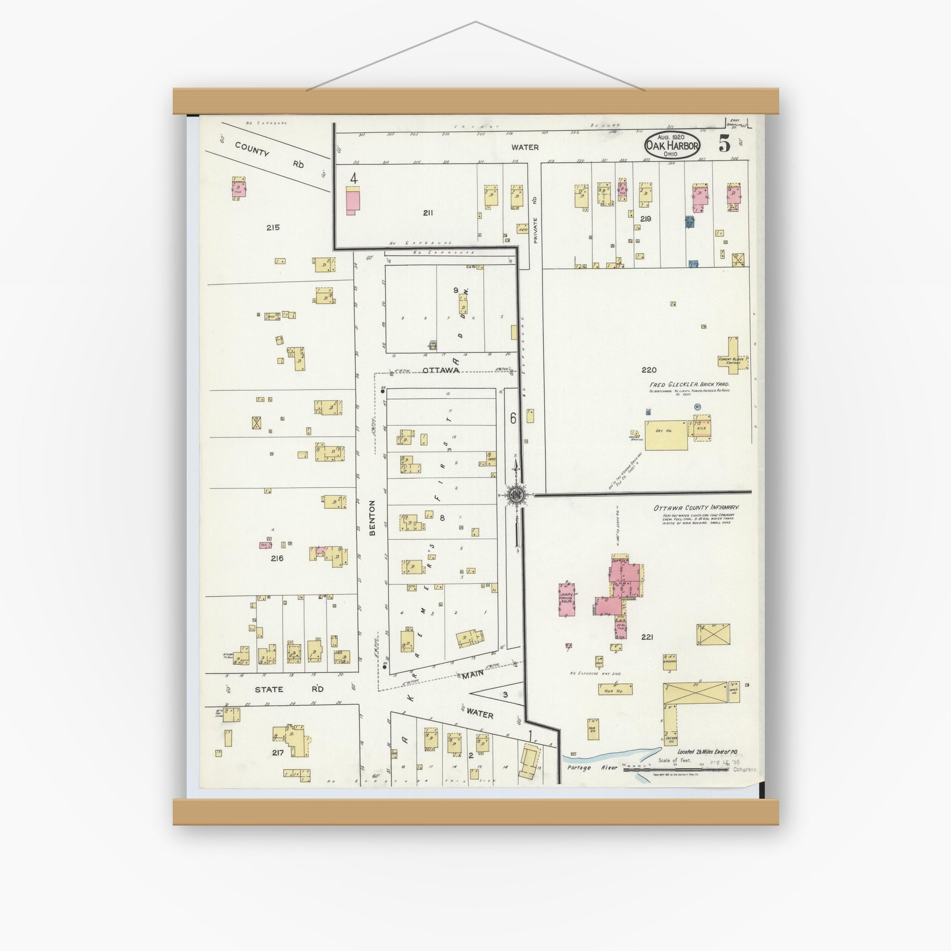 Old map wall art mockup — magnetic wood frame on white wall — Sanborn Fire Insurance Map from Oak Harbor, Ottawa County, Ohio (1920), Sheet #0005