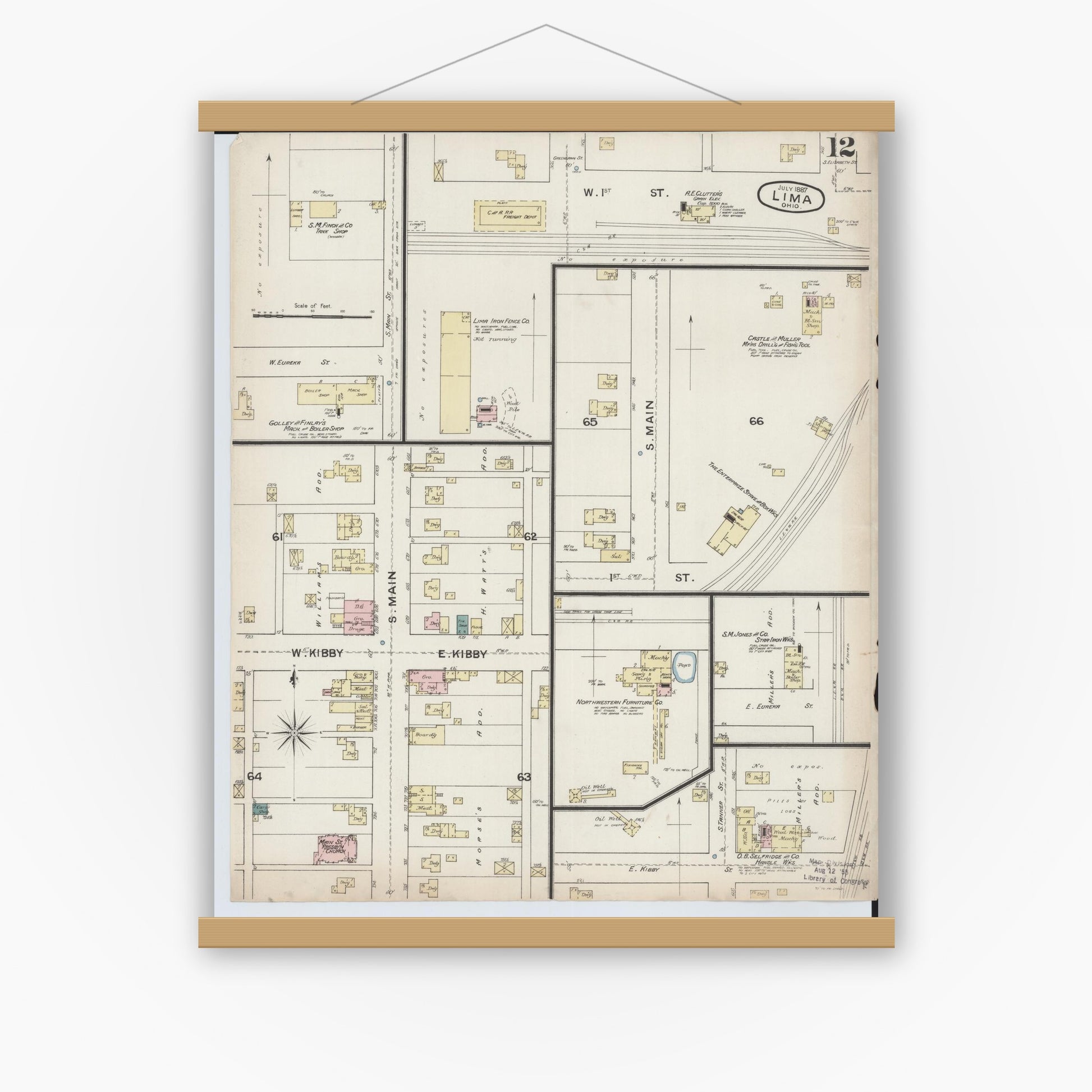 Old map wall art mockup — magnetic wood frame on white wall — Sanborn Fire Insurance Map from Lima, Allen County, Ohio (1887), Sheet #0012