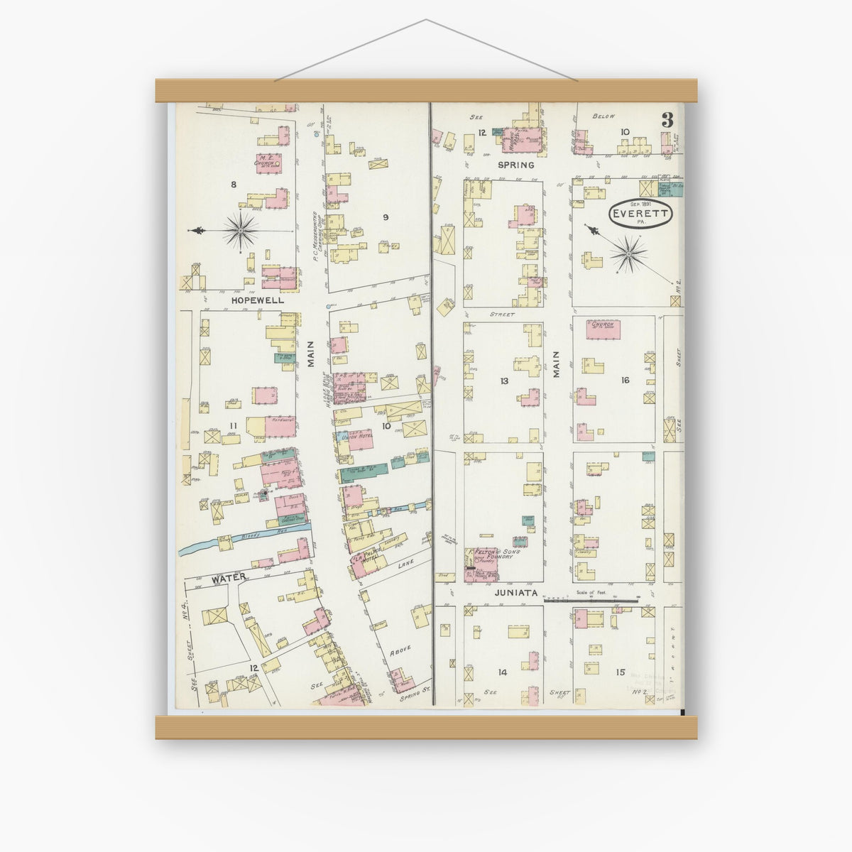 Old map wall art mockup — magnetic wood frame on white wall — Sanborn Fire Insurance Map from Everett, Bedford County, Pennsylvania (1891), Sheet #0003