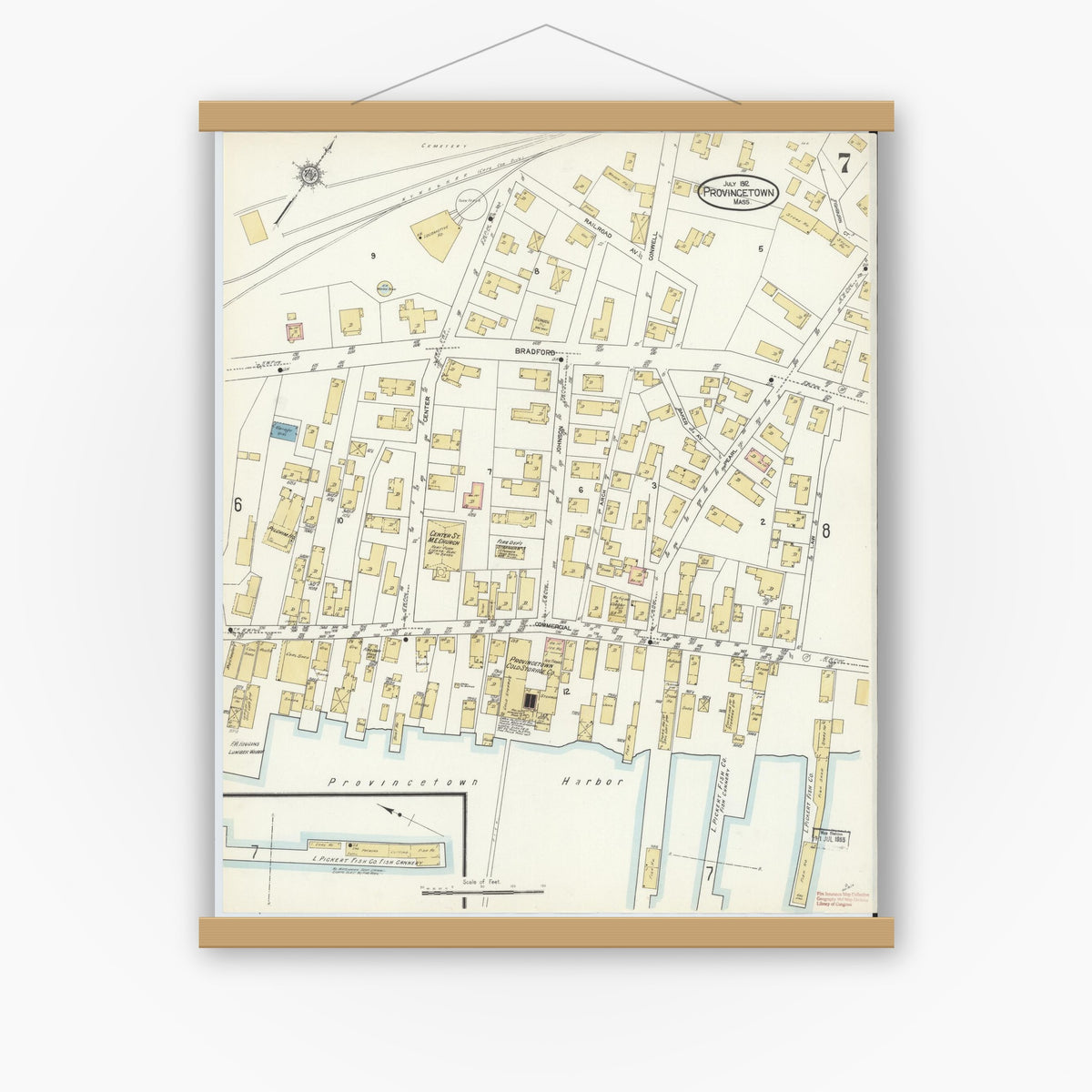 Old map wall art mockup — magnetic wood frame on white wall — Sanborn Fire Insurance Map from Provincetown, Barnstable County, Massachusetts (1912), Sheet #0007