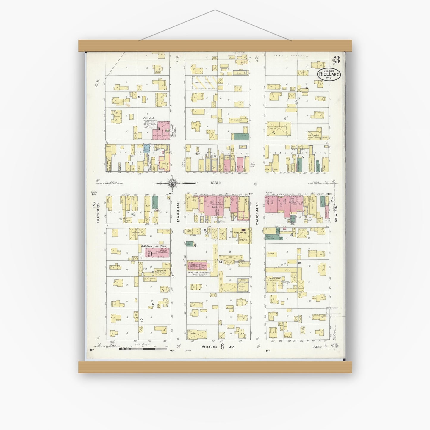 Old map wall art mockup — magnetic wood frame on white wall — Sanborn Fire Insurance Map from Rice Lake, Barron County, Wisconsin (1909), Sheet #0003