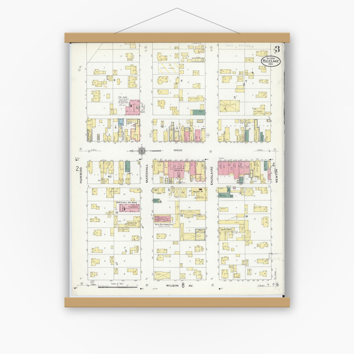 Old map wall art mockup — magnetic wood frame on white wall — Sanborn Fire Insurance Map from Rice Lake, Barron County, Wisconsin (1909), Sheet #0003
