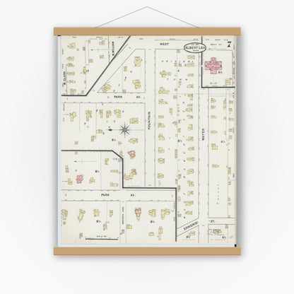 Old map wall art mockup — magnetic wood frame on white wall — Sanborn Fire Insurance Map from Albert Lea, Freeborn County, Minnesota (1891), Sheet #0007