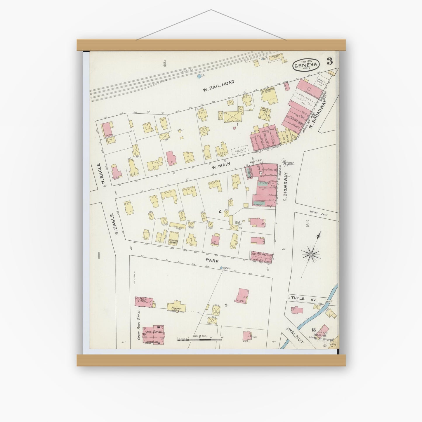 Old map wall art mockup — magnetic wood frame on white wall — Sanborn Fire Insurance Map from Geneva, Ashtabula County, Ohio (1893), Sheet #0003