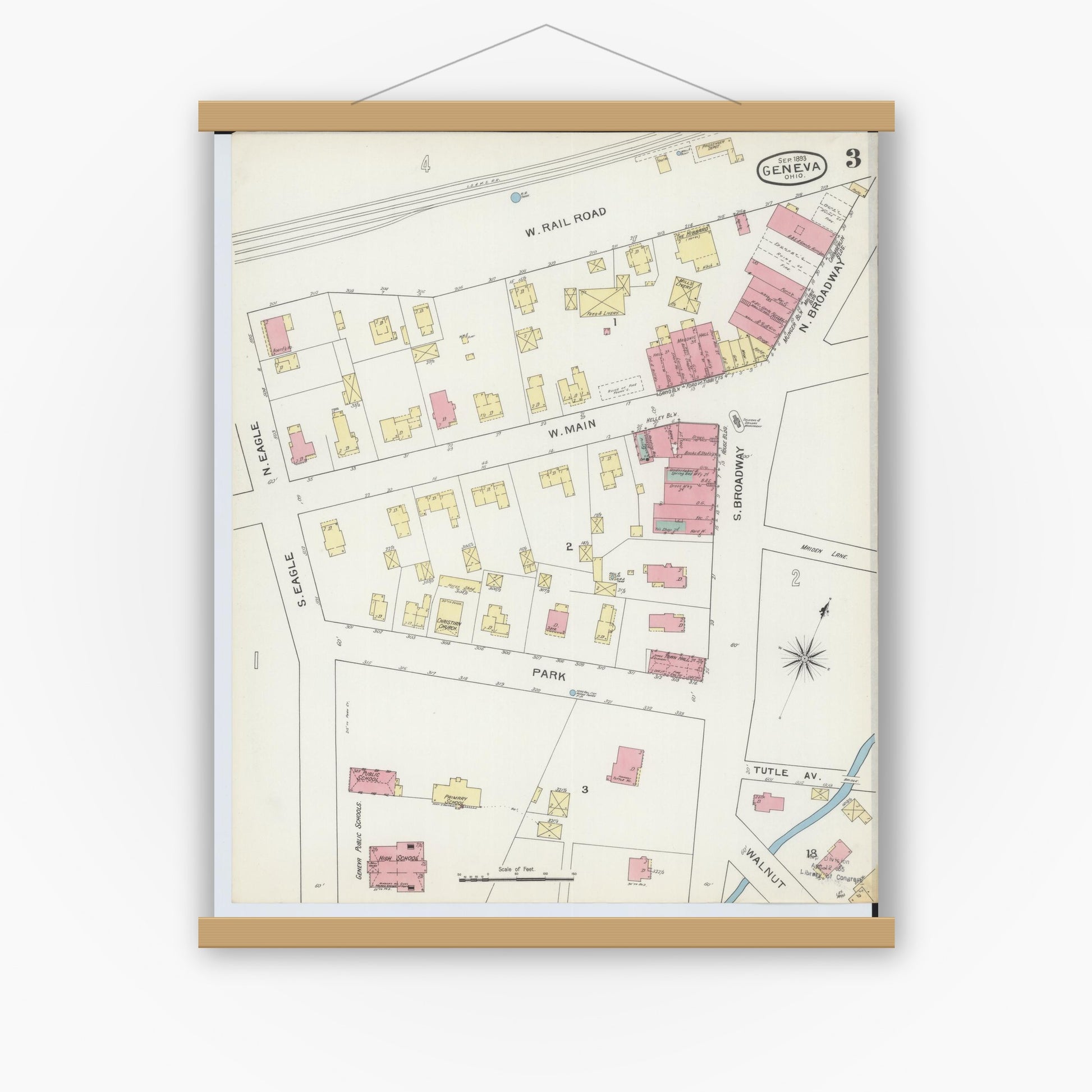 Old map wall art mockup — magnetic wood frame on white wall — Sanborn Fire Insurance Map from Geneva, Ashtabula County, Ohio (1893), Sheet #0003