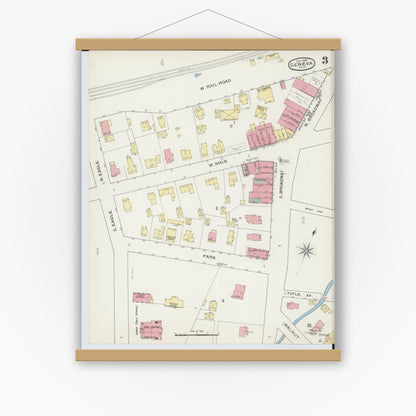 Old map wall art mockup — magnetic wood frame on white wall — Sanborn Fire Insurance Map from Geneva, Ashtabula County, Ohio (1893), Sheet #0003