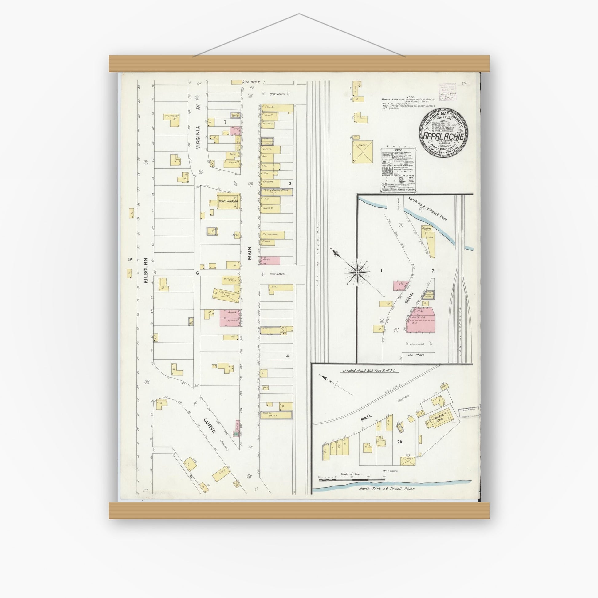 Old map wall art mockup — magnetic wood frame on white wall — Sanborn Fire Insurance Map from Appalachia, Wise County, Virginia (1908), Sheet #0001