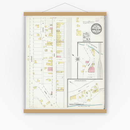 Old map wall art mockup — magnetic wood frame on white wall — Sanborn Fire Insurance Map from Appalachia, Wise County, Virginia (1908), Sheet #0001