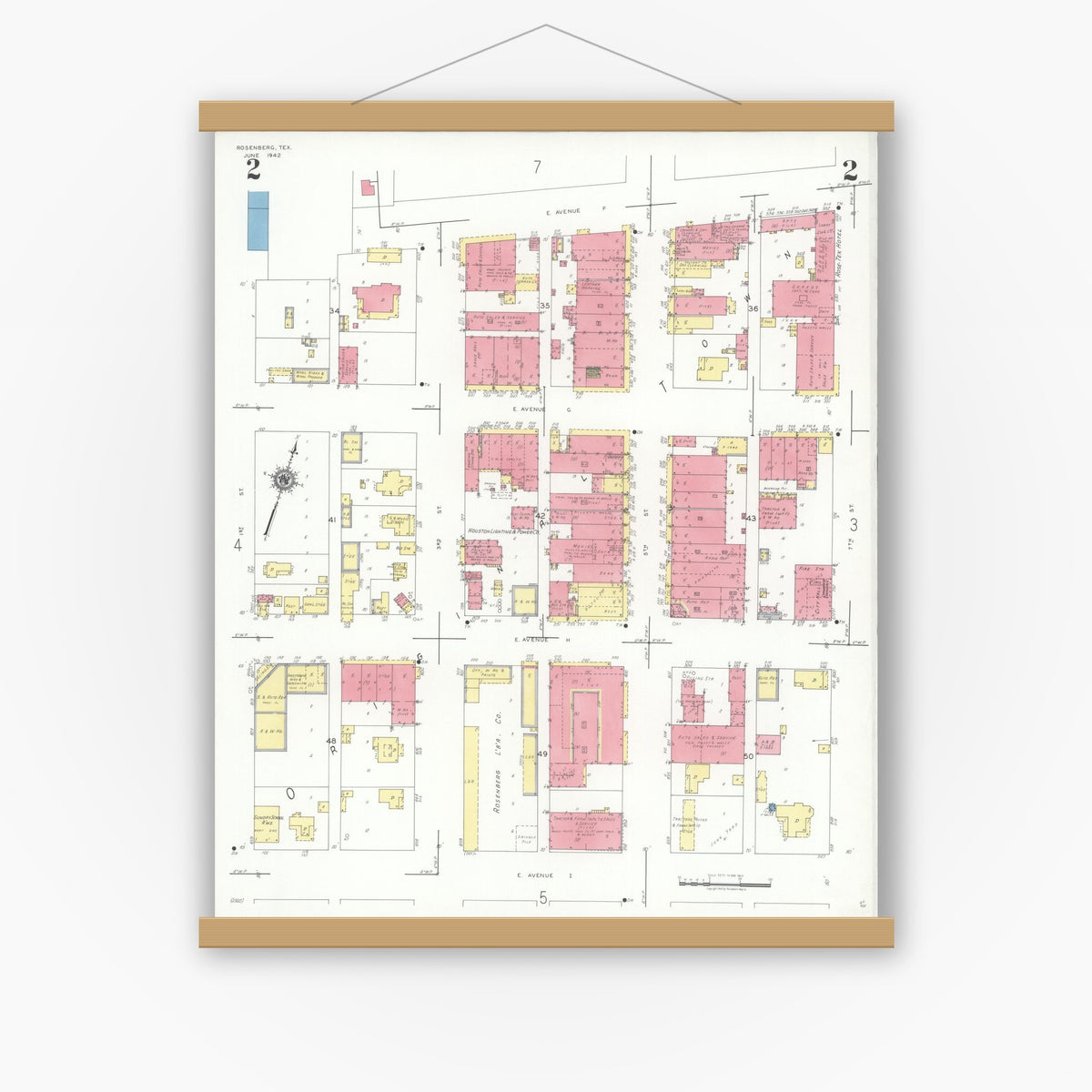 Old map wall art mockup — magnetic wood frame on white wall — Sanborn Fire Insurance Map from Rosenberg, Fort Bend County, Texas (1942), Sheet #0002