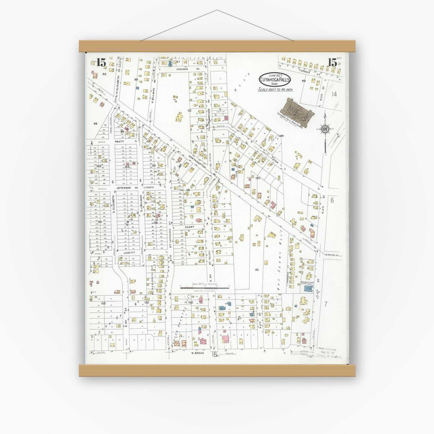 Old map wall art mockup — magnetic wood frame on white wall — Sanborn Fire Insurance Map from Cuyahoga Falls, Summit County, Ohio (1927), Sheet #0015