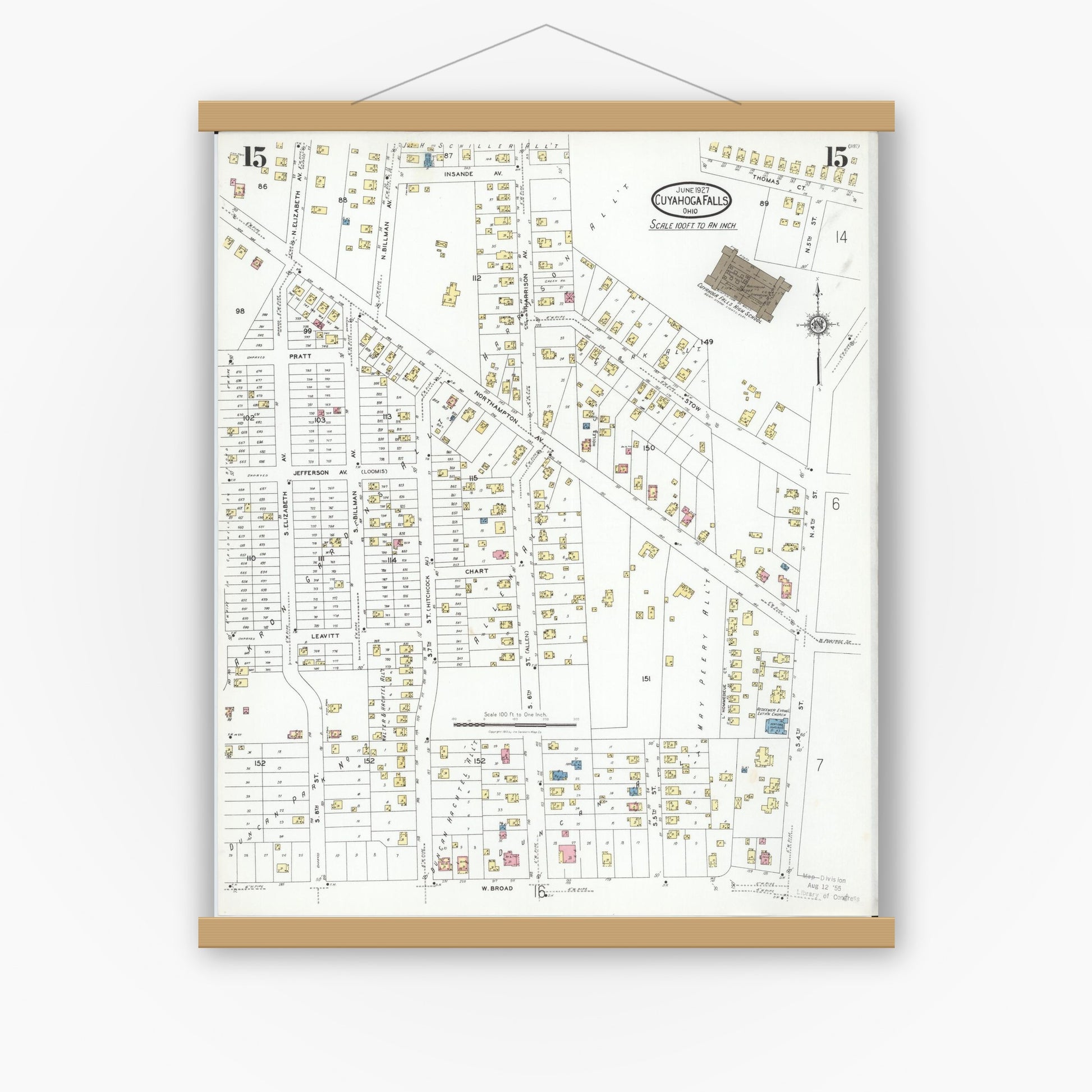 Old map wall art mockup — magnetic wood frame on white wall — Sanborn Fire Insurance Map from Cuyahoga Falls, Summit County, Ohio (1927), Sheet #0015