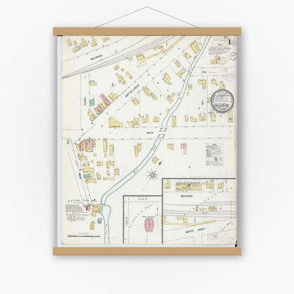 Old map wall art mockup — magnetic wood frame on white wall — Sanborn Fire Insurance Map from Galesburg, Kalamazoo County, Michigan (1899) - Complete Map Set