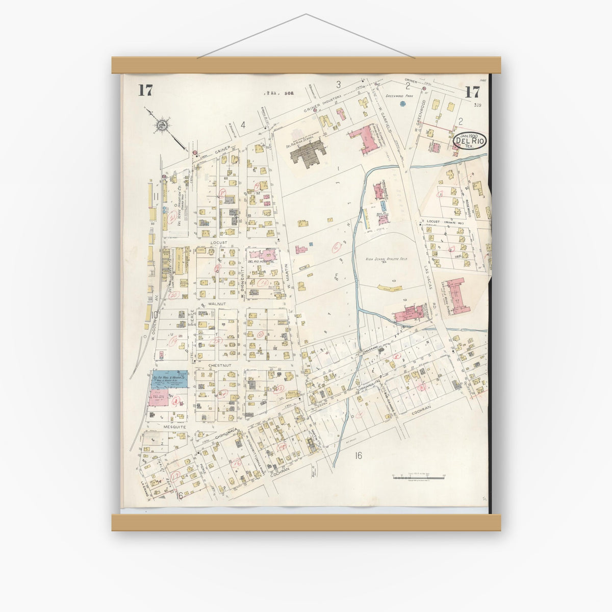 Old map wall art mockup — magnetic wood frame on white wall — Sanborn Fire Insurance Map from Del Rio, Val Verde County, Texas (1948), Sheet #0017