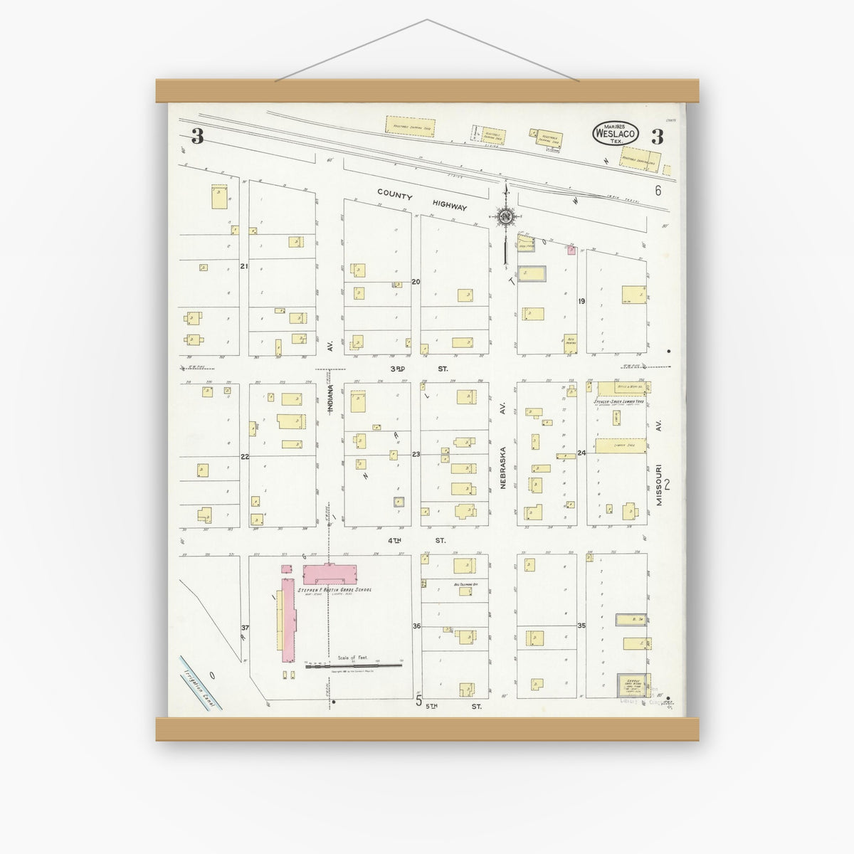 Old map wall art mockup — magnetic wood frame on white wall — Sanborn Fire Insurance Map from Weslaco, Hidalgo County, Texas (1925), Sheet #0003