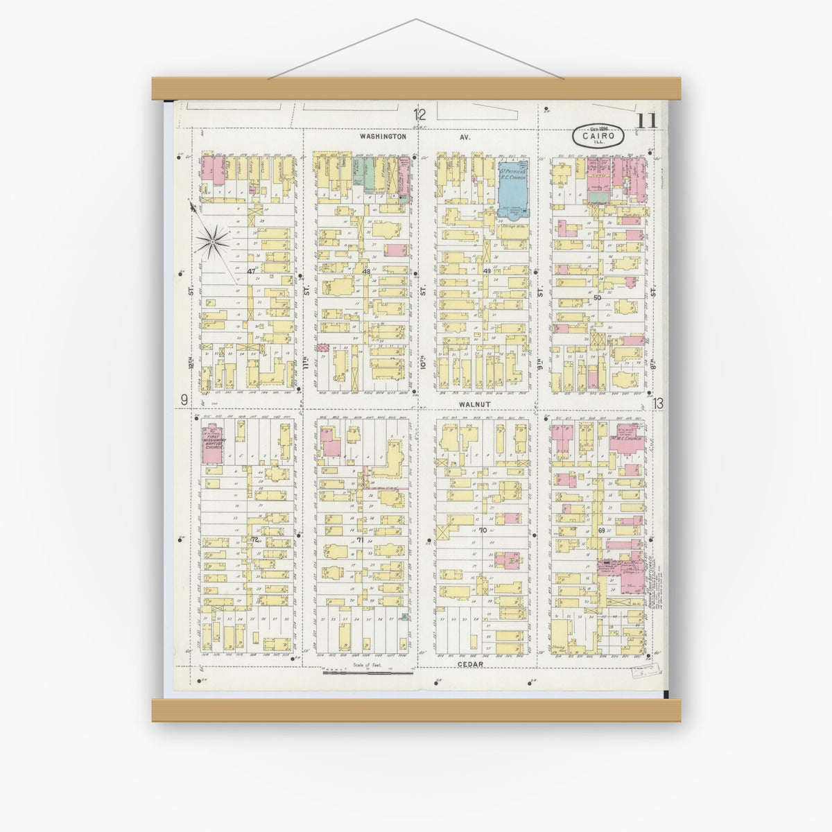 Old map wall art mockup — magnetic wood frame on white wall — Sanborn Fire Insurance Map from Cairo, Alexander County, Illinois (1896), Sheet #0011