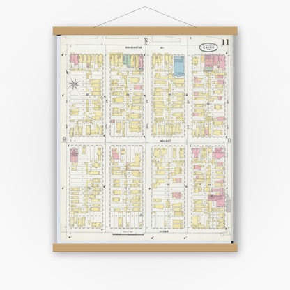 Old map wall art mockup — magnetic wood frame on white wall — Sanborn Fire Insurance Map from Cairo, Alexander County, Illinois (1896), Sheet #0011