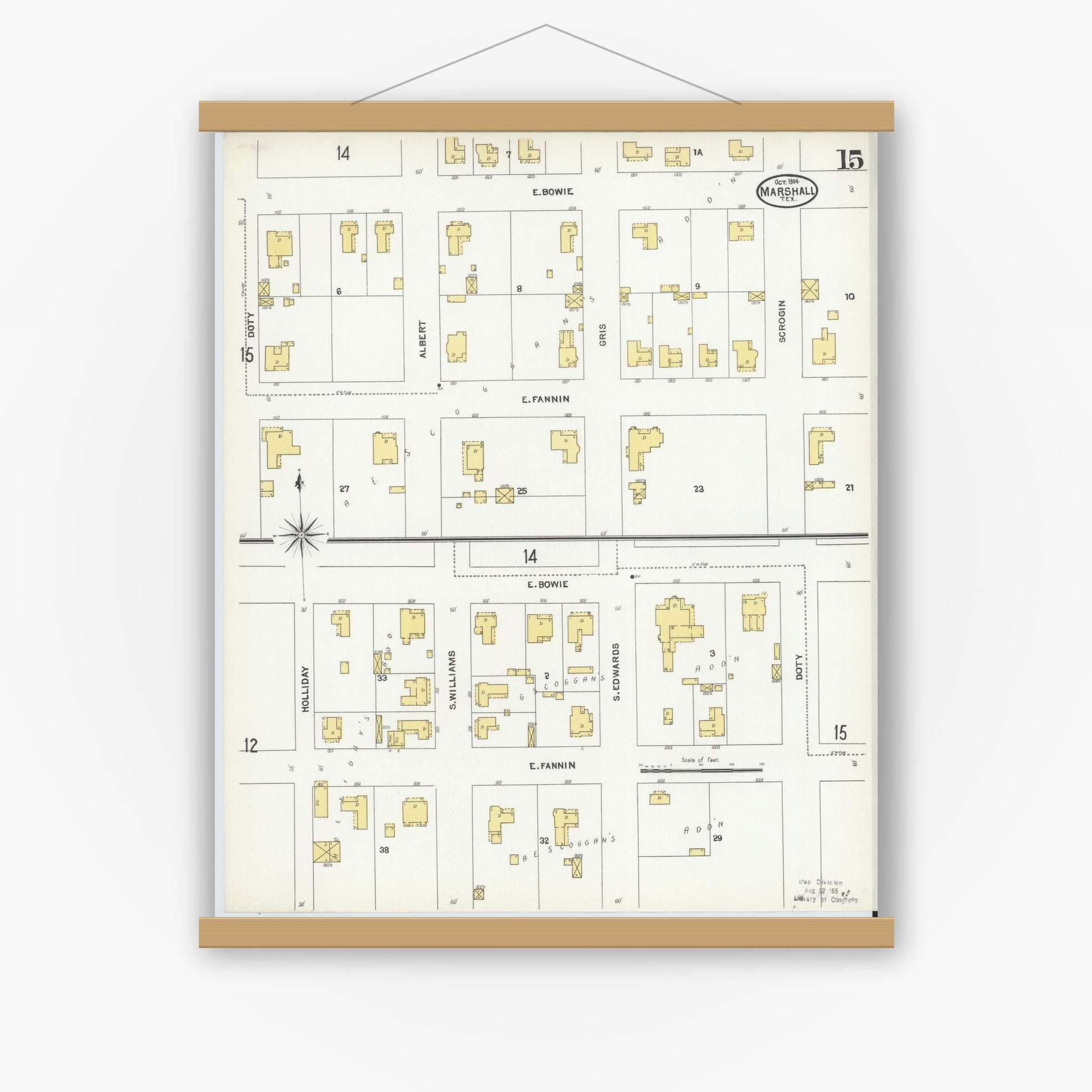 Old map wall art mockup — magnetic wood frame on white wall — Sanborn Fire Insurance Map from Marshall, Harrison County, Texas (1904), Sheet #0015