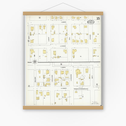Old map wall art mockup — magnetic wood frame on white wall — Sanborn Fire Insurance Map from Marshall, Harrison County, Texas (1904), Sheet #0015