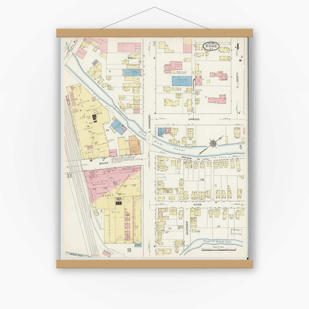 Old map wall art mockup — magnetic wood frame on white wall — Sanborn Fire Insurance Map from Rome, Oneida County, New York (1914), Sheet #0004
