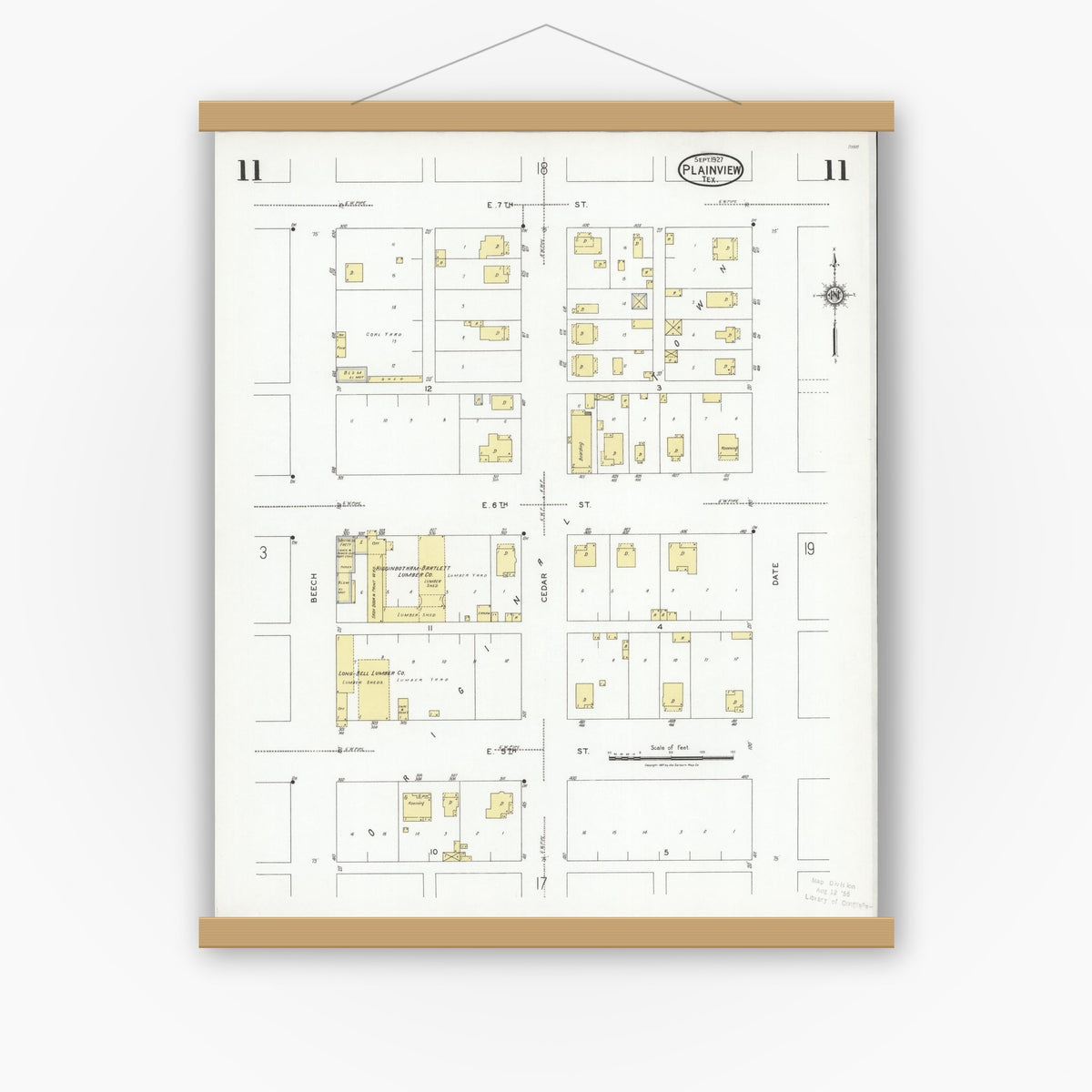 Old map wall art mockup — magnetic wood frame on white wall — Sanborn Fire Insurance Map from Plainview, Hale County, Texas (1927), Sheet #0011