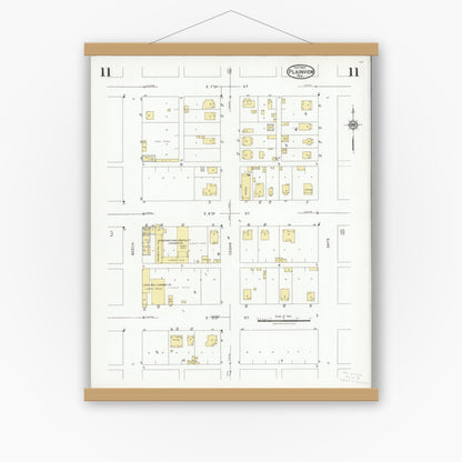 Old map wall art mockup — magnetic wood frame on white wall — Sanborn Fire Insurance Map from Plainview, Hale County, Texas (1927), Sheet #0011