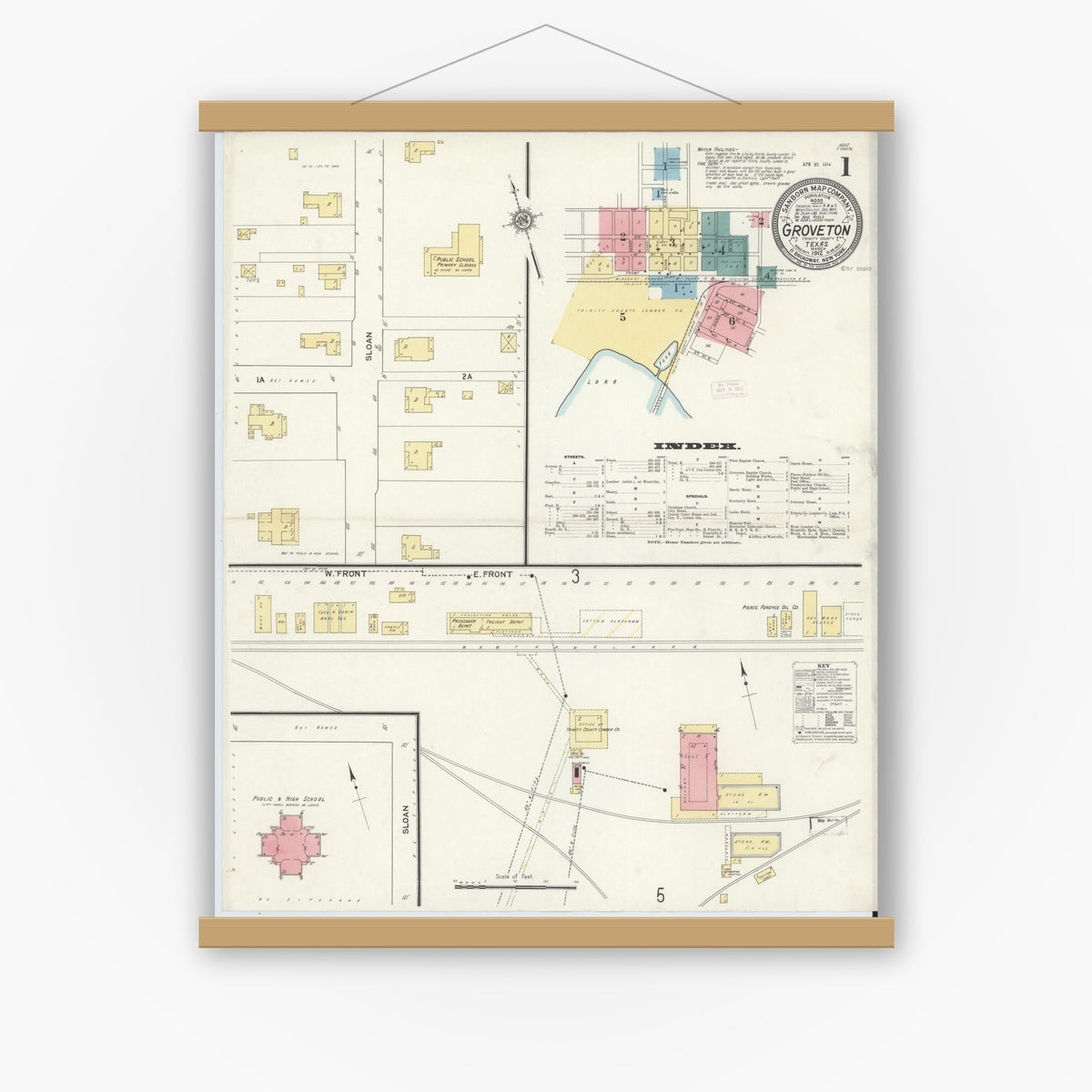 Old map wall art mockup — magnetic wood frame on white wall — Sanborn Fire Insurance Map from Groveton, Trinity County, Texas (1912) - Complete Map Set