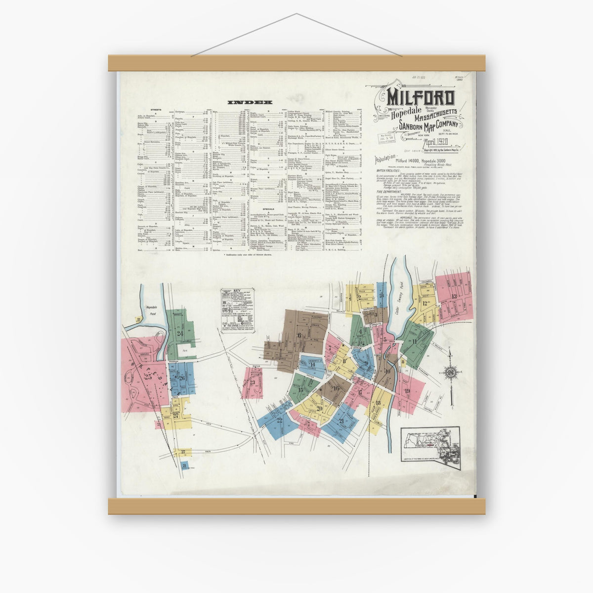 Old map wall art mockup — magnetic wood frame on white wall — Sanborn Fire Insurance Map from Milford, Worcester County, Massachusetts (1920) - Complete Map Set